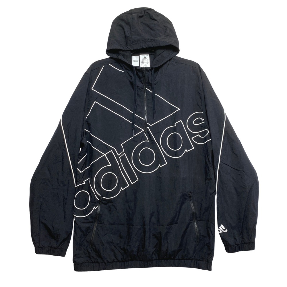 Adidas Windbreaker Mens Large Black Quarter-Zip Big Logo Hooded Jacket